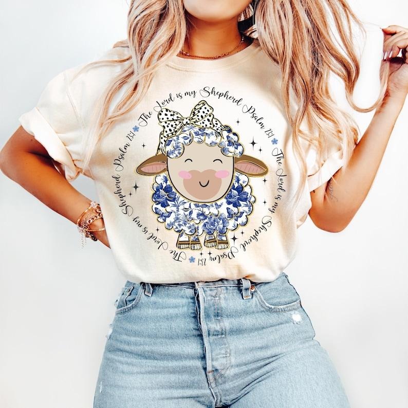 Lord Is My Shepherd Blue Floral Chinoiserie Lamb Christian Easter Coquette Grand Millennial T-Shirts, Hoodie, Sweatshirt - T-Shirt, Sweatshirt, Hoodie