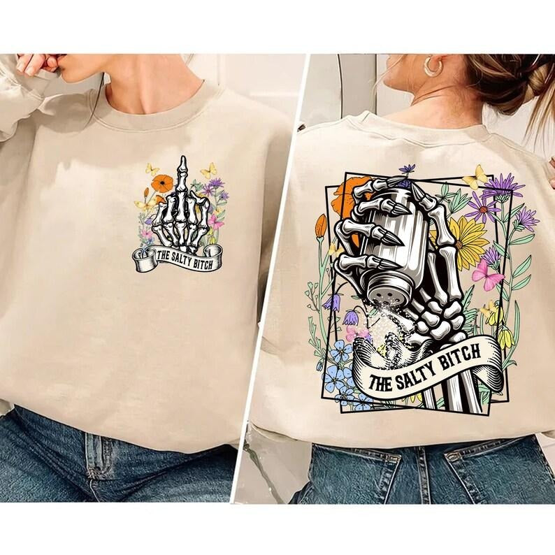 Salty B*Tch Retro Shirt Skull Skeleton Wild Flower Shirt Sarcastic Sweary Skeleton Sublimation Shirt T-Shirts, Hoodie, Sweatshirt - T-Shirt, Sweatshirt, Hoodie