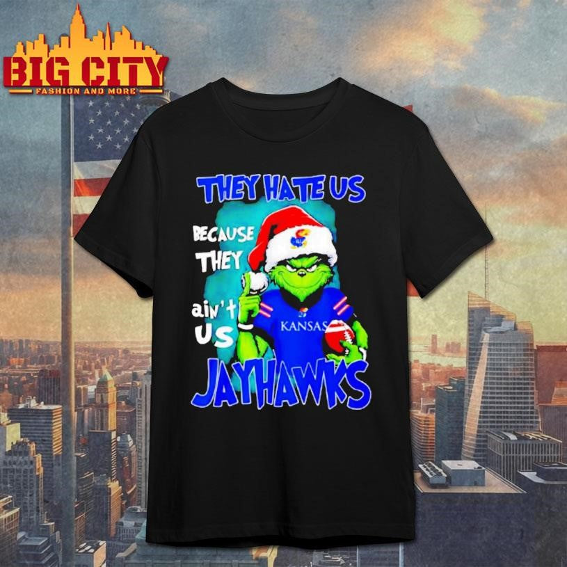 They Hate Us Because They Aint Us Kansas Jayhawks Grinch Wearing Santa Hat Shirt Unisex T-shirt, Sweatshirt, Hoodie, Long Sleeve Tee - T-Shirt, Sweatshirt, Hoodie