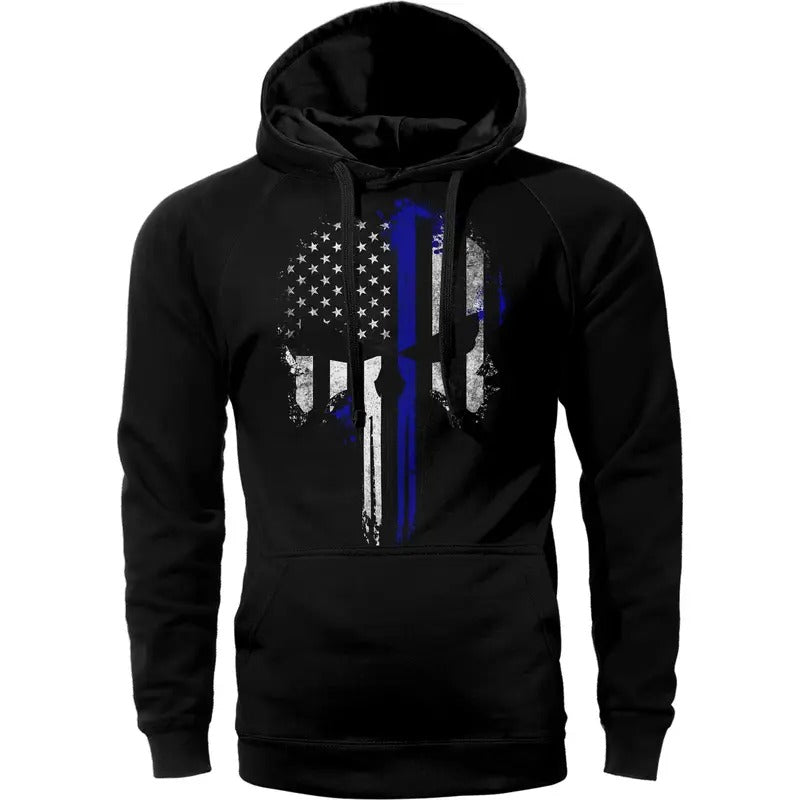 Thin Blue Flag Skull Police Cotton Fabric T-Shirts, Hoodie, Sweatshirt - T-Shirt, Sweatshirt, Hoodie