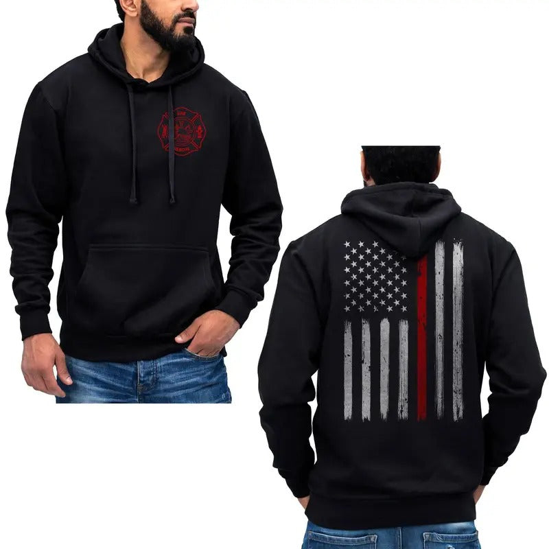 Thin Red Flag Vertical Brushed US Firefighter Cotton Fabric T-Shirts, Hoodie, Sweatshirt - T-Shirt, Sweatshirt, Hoodie