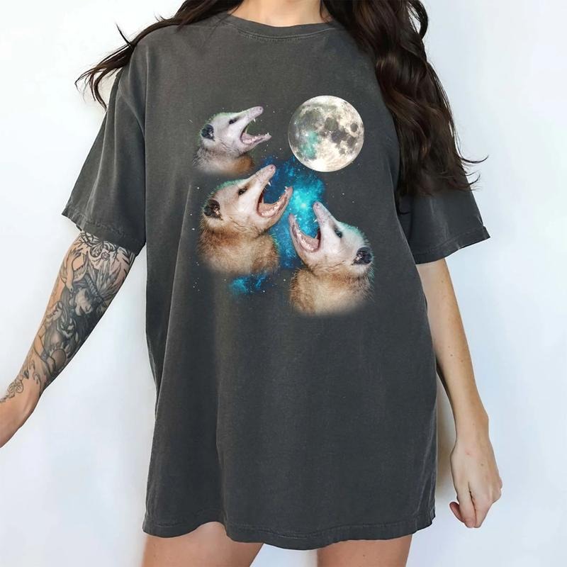 Three Possums Howling Moon Shirt Funny Retro Opossums Vintage Possum Meme Retro Y2k Galaxy Opossum Shirt Opossum Lovers Casual Tops Unhinged Menswear Comfy Cotton Fabric Relaxed Fit Chic T-Shirts, Hoodie, Sweatshirt - T-Shirt, Sweatshirt, Hoodie