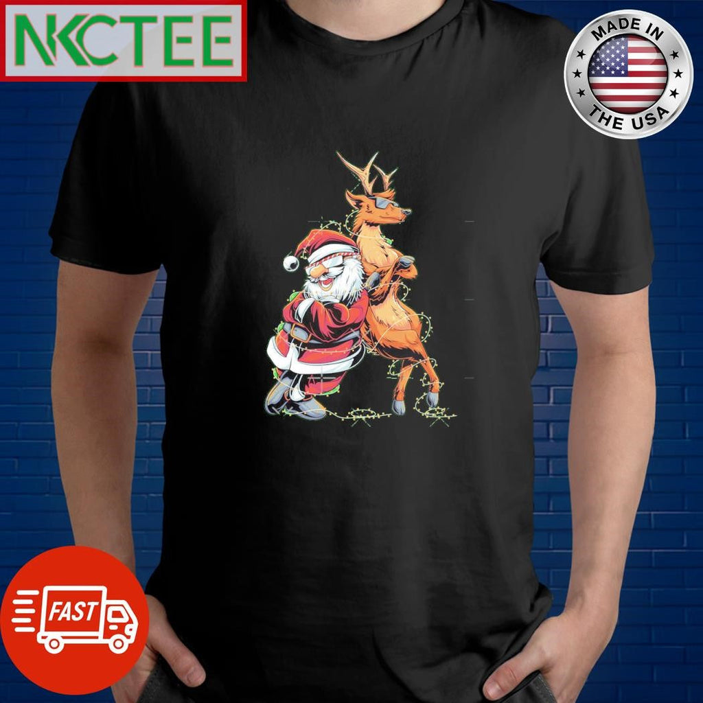 Top Cartoon Santa Claus with Reindeer cool shirt Unisex T-shirt, Sweatshirt, Hoodie, Long Sleeve Tee - T-Shirt, Sweatshirt, Hoodie
