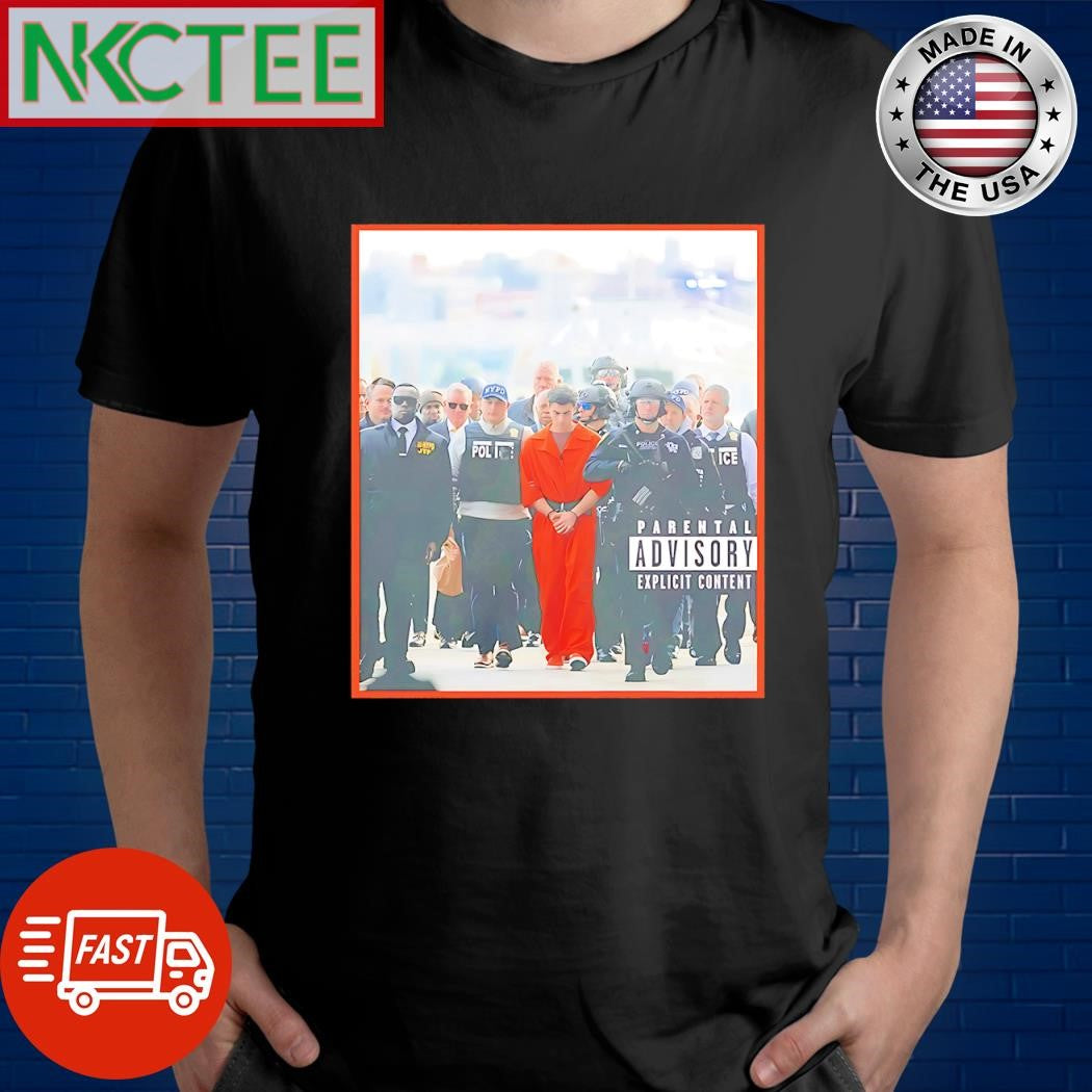 Top Luigi Mangione and polices mugshot Parental Advisory Explicit Content shirt Unisex T-shirt, Sweatshirt, Hoodie, Long Sleeve Tee - T-Shirt, Sweatshirt, Hoodie