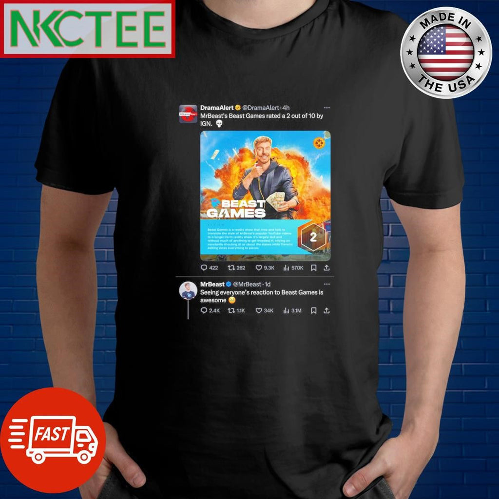 Top Mrbeast’s beast games rated a 2 out of 10 by ign 2024 shirt Unisex T-shirt, Sweatshirt, Hoodie, Long Sleeve Tee - T-Shirt, Sweatshirt, Hoodie