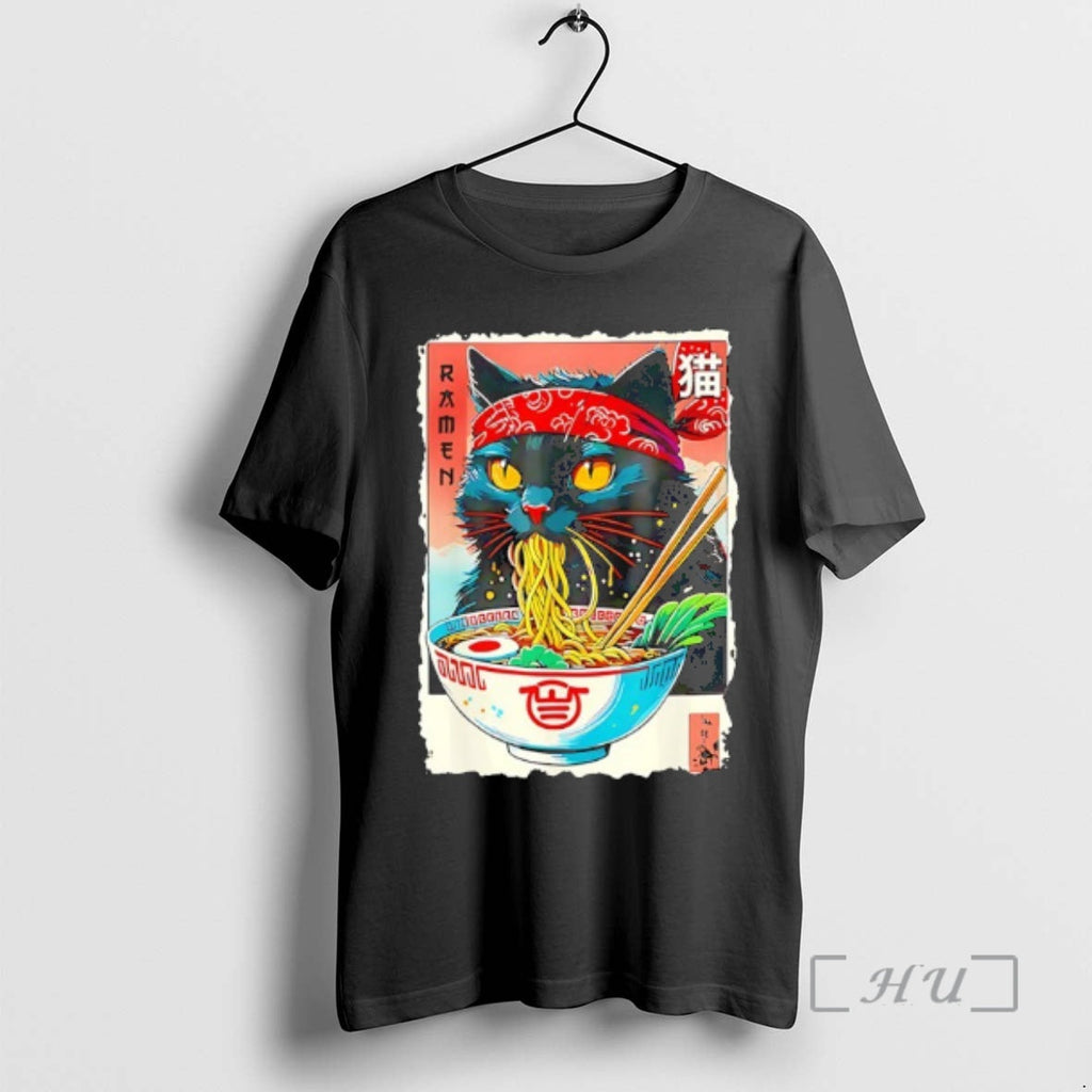 Trending Black Cat Weaing Headband Eating Ramen Japanese Kawaii T-Shirts, Hoodie, Sweatshirt - T-Shirt, Sweatshirt, Hoodie