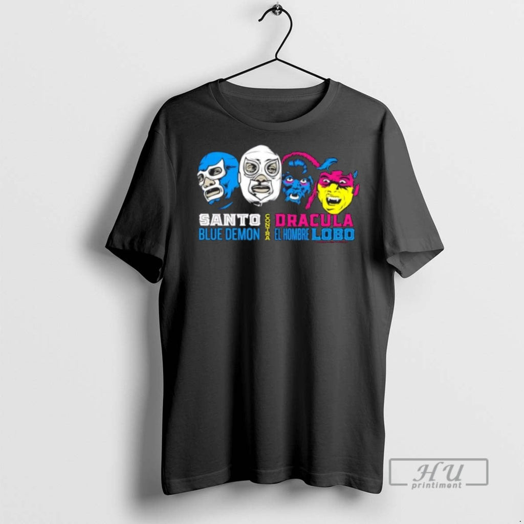 Trending Cinelucha Santo And Demon Vs Dracula And Hombre Lobo T Shirt Unisex T-shirt, Sweatshirt, Hoodie, Long Sleeve Tee - T-Shirt, Sweatshirt, Hoodie