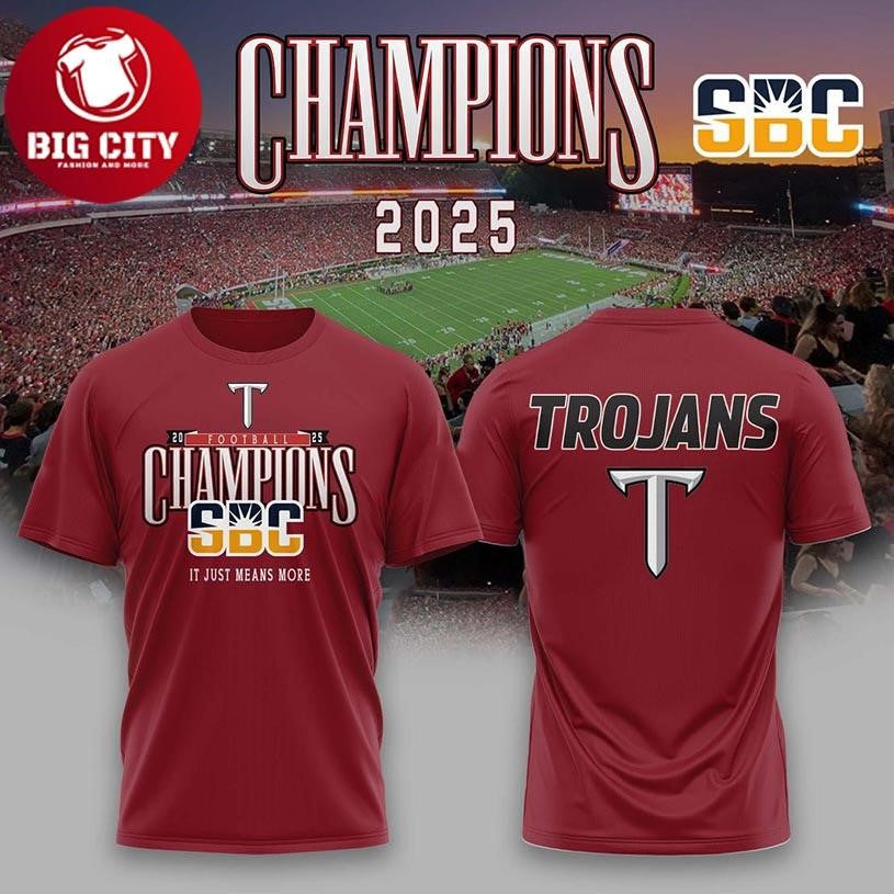 Troy Trojans Sun Belt Champions 2025 Celebrating Two Sided Shirt Unisex T-shirt, Sweatshirt, Hoodie, Long Sleeve Tee - T-Shirt, Sweatshirt, Hoodie