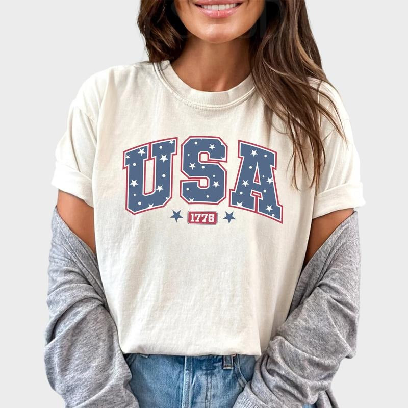 USA 1776 Shirt America Printed Fourth July Unhinged Shirt 4th July Comfy Fabric Patriotic Red White Blue Tops Womenswear Cotton Fabric T-Shirts, Hoodie, Sweatshirt - T-Shirt, Sweatshirt, Hoodie