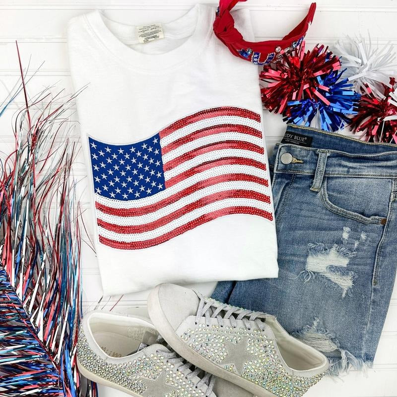 USA Flag Sequin Patch Comfort Colors WHITE T-Shirts, Hoodie, Sweatshirt - T-Shirt, Sweatshirt, Hoodie