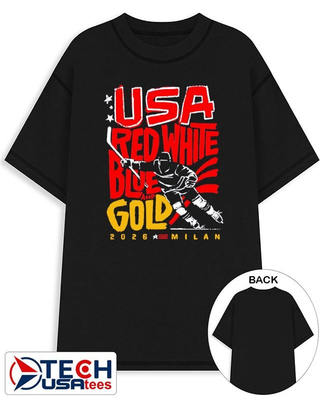USA Hockey Red White Blue and Gold 2026 Milan shirt Unisex T-shirt, Sweatshirt, Hoodie, Long Sleeve Tee - T-Shirt, Sweatshirt, Hoodie