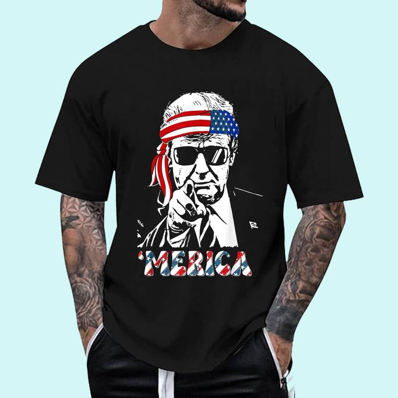 [ Cotton] 'MERICA TRUMP Happy 4th July Trump American Flag Short Sleeve Top T-Shirts, Hoodie, Sweatshirt - T-Shirt, Sweatshirt, Hoodie