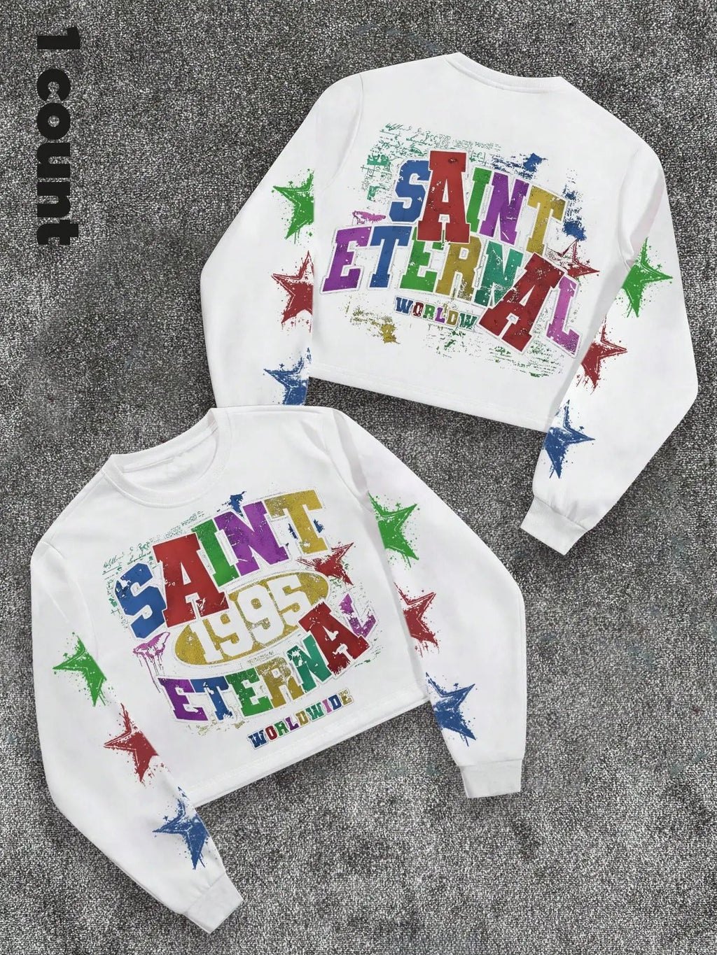 Letter & Star Print Round Neck Regular Fit Casual Street Long Sleeve Daily Top All Seasons T-Shirts, Hoodie, Sweatshirt - T-Shirt, Sweatshirt, Hoodie