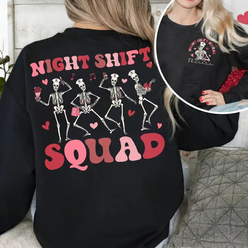 Valentine Night Shift Nurse Custom Name Shirt Night Shift Squad Shirt Dancing Skeleton Nursing Student Nurse T-Shirts, Hoodie, Sweatshirt - T-Shirt, Sweatshirt, Hoodie