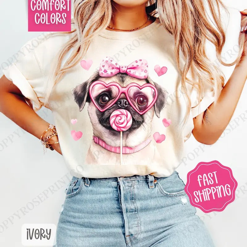 Valentine Pug Shirt Comfort Colors Cute T-Shirts, Hoodie, Sweatshirt - T-Shirt, Sweatshirt, Hoodie