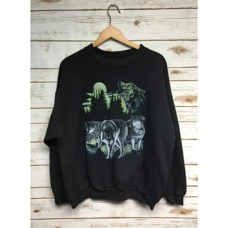 Vintage 90'S Distressed Wolves Crew Neck Black Lone Wolf Animal Print Nature Scene Boxy Fit Menswear Athletic T-Shirts, Hoodie, Sweatshirt - T-Shirt, Sweatshirt, Hoodie