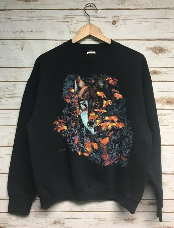 Vintage 90'S Wolf Lone Wolf Black Crew Neck Fruit Loom Animal Print Nature Scene Menswear Athletic T-Shirts, Hoodie, Sweatshirt - T-Shirt, Sweatshirt, Hoodie