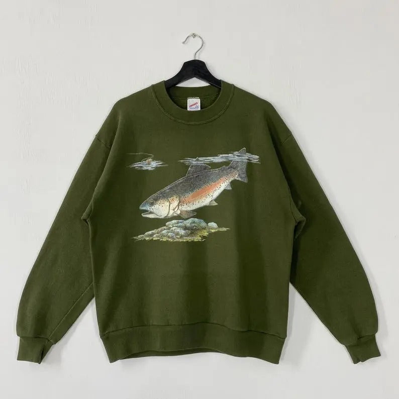 Vintage 90s Fishing Outfitters Trout Largemouth Bass Trout Rainbow Trout Fish Print Logo Cotton Menswear T-Shirts, Hoodie, Sweatshirt - T-Shirt, Sweatshirt, Hoodie