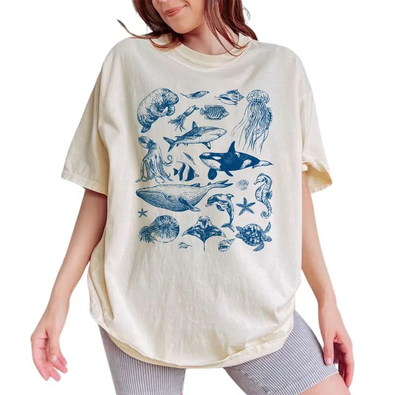 Vintage 90s Tattoo Sea Animal Retro Ocean Nature Marine Life Vintage Shirts Sealife Shirts Beach Lover Retro Shirts Menswear Tops Womenswear Cotton Fabric Relaxed Fit Chic T-Shirts, Hoodie, Sweatshirt - T-Shirt, Sweatshirt, Hoodie