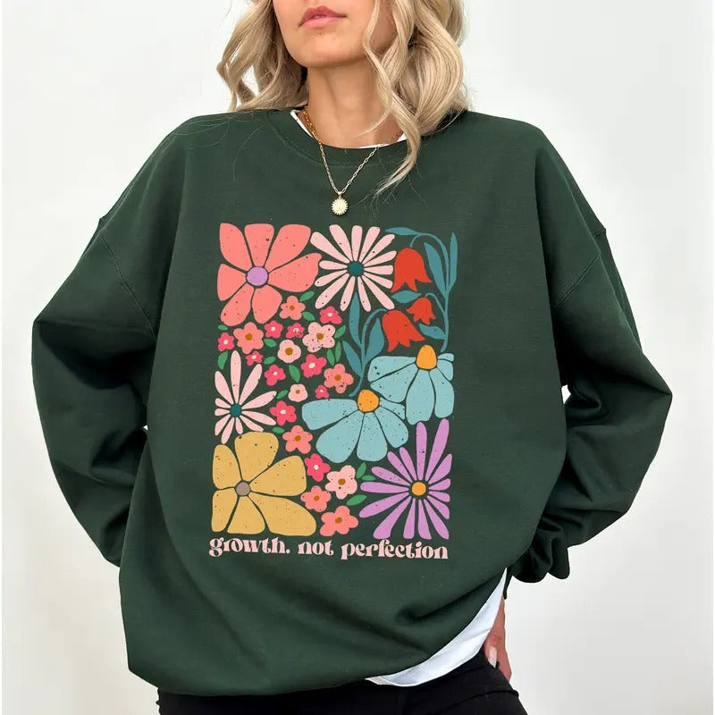 Vintage Boho Flowers Christian Growth Not Perfection Bible Verse Floral Retro Christian Jesus Lover Religious Believer Top Christian Comfy Long Sleeve Comfort Fabric Tops Casual Womenswear T-Shirts, Hoodie, Sweatshirt - T-Shirt, Sweatshirt, Hoodie