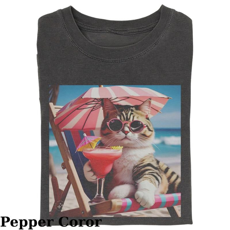 Vintage Cat Drinking Water Beach Fantasy Kitten Cute Cat Shirt Cool Cat Love Cat Meme Cringe Funny Dumb Shirts Summer 2025 Shirt Menswear Womenswear Streetwear T-Shirts, Hoodie, Sweatshirt - T-Shirt, Sweatshirt, Hoodie