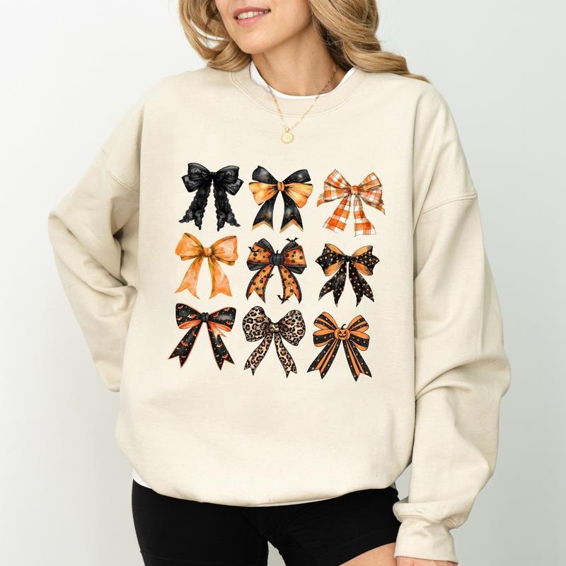 Vintage Fall Halloween Coquette Bow Autumn Bow Halloween Pumpkin Bow Fall Shirt Halloween Outfits Comfy Long Sleeve Cute Tops Casual Womenswear Comfort Cotton Fabric Relaxed Top T-Shirts, Hoodie, Sweatshirt - T-Shirt, Sweatshirt, Hoodie
