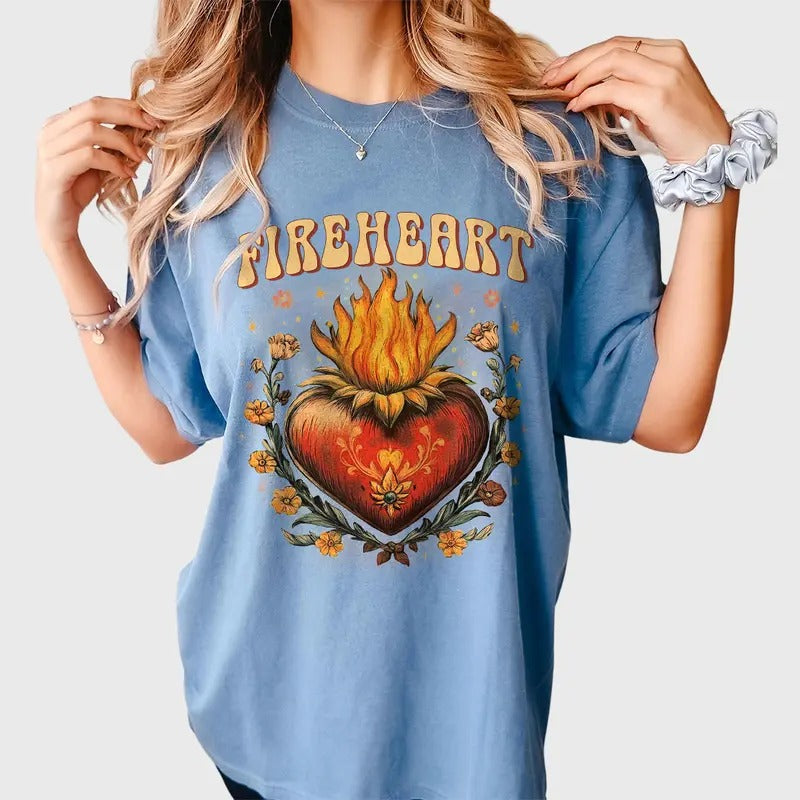 Vintage Fire Heart Shirt Retro Heart Her Mom Groovy Shirt Girl Wildflowers Heart T-Shirts, Hoodie, Sweatshirt - T-Shirt, Sweatshirt, Hoodie