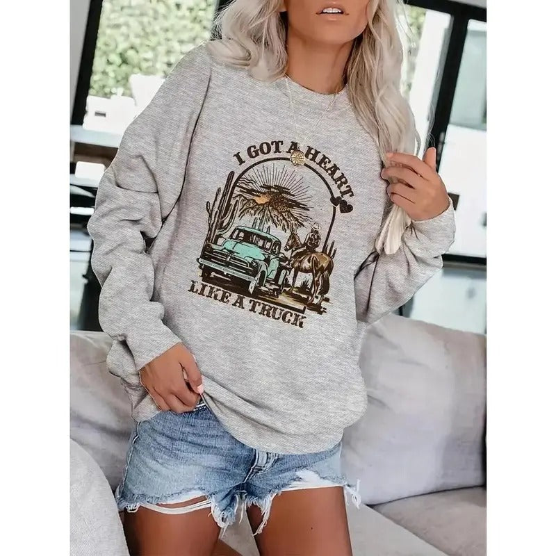 Vintage Print Casual Loose Drop Shoulder Fall & Winter T-Shirts, Hoodie, Sweatshirt - T-Shirt, Sweatshirt, Hoodie