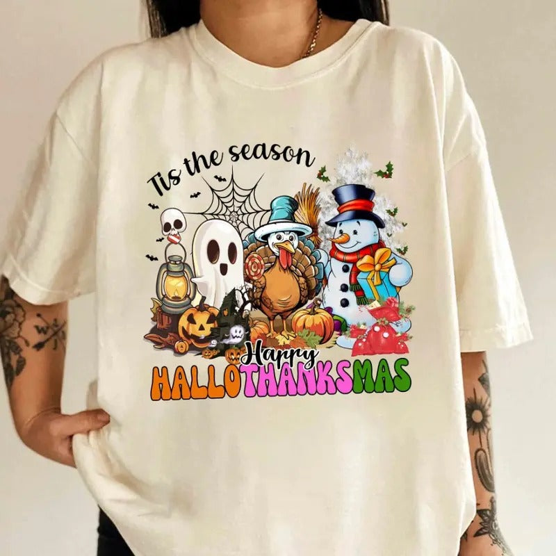 Vintage Happy Hallothanksmas Shirt Happy Halloween Thanksgiving Shirt Season Funny Halloween Fall Shirt T-Shirts, Hoodie, Sweatshirt - T-Shirt, Sweatshirt, Hoodie