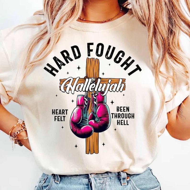 Vintage Hard Fought Hallelujah Shirt Christian Boxing Gloves Hard Fought Sweat Religious Shirt Church Jesus Top Womenswear T-Shirts, Hoodie, Sweatshirt - T-Shirt, Sweatshirt, Hoodie