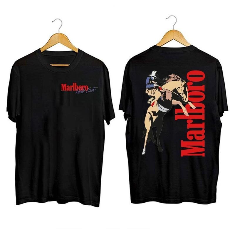 Vintage Marlboro Cowboy Wild West Black White 100% Cotton Crew Neck 501fits Menswear Top T-Shirts, Hoodie, Sweatshirt - T-Shirt, Sweatshirt, Hoodie