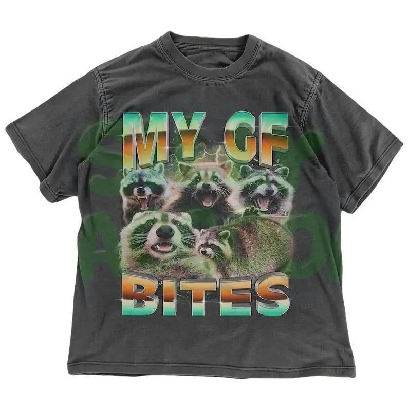 Vintage Raccoon My GF Bites Funny Boyfriend Edgy Animal Meme Sarcastic Retro Top Him Couple Cotton T-Shirts, Hoodie, Sweatshirt - T-Shirt, Sweatshirt, Hoodie