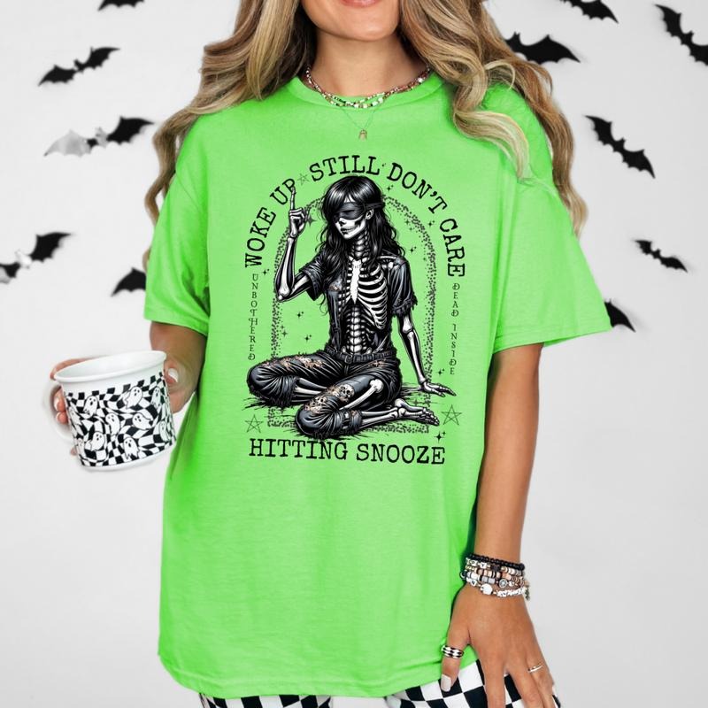 WOKE UP STILL DONT CARE HITTING SNOOZE Circle Short Sleeve Sizing Casual Top Streetwear Grunge Skull Sarcastic Offensive Womenswear Feminine Traditional T-Shirts, Hoodie, Sweatshirt - T-Shirt, Sweatshirt, Hoodie