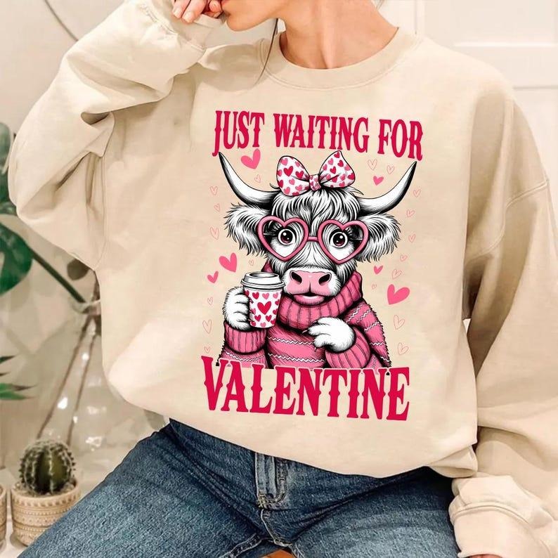 Waiting Valentine Highland Cow Heart Retro Coquette T-Shirts, Hoodie, Sweatshirt - T-Shirt, Sweatshirt, Hoodie