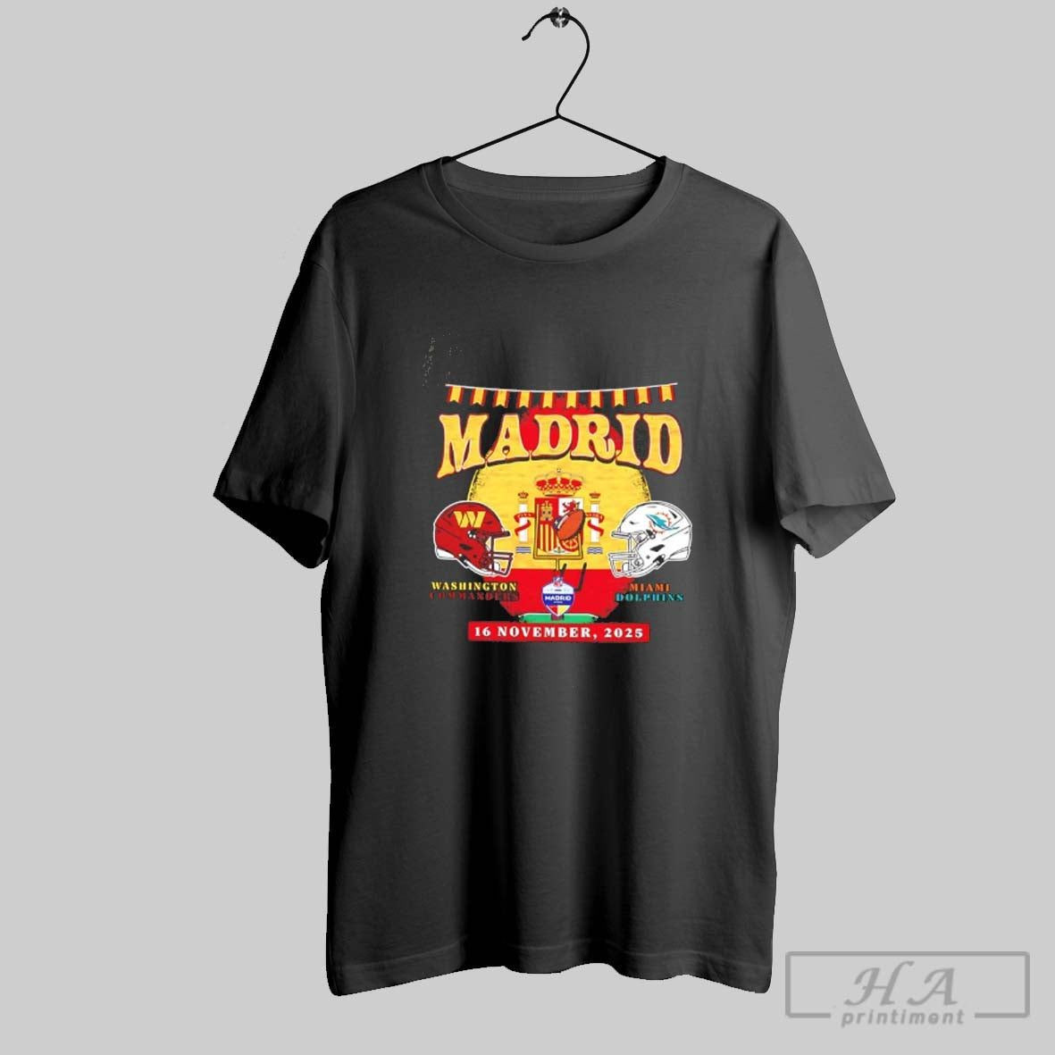 Washington Commanders Vs Miami Dolphin 2025 Madrid Helmets Unisex T-shirt, Sweatshirt, Hoodie, Long Sleeve Tee - T-Shirt, Sweatshirt, Hoodie
