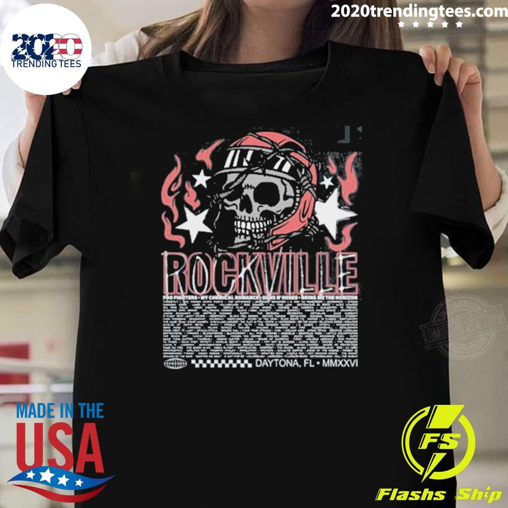 Welcome To Rockville 2026 Daytona Beach Florida Rockville Barbed Helmet Skull Lineup Shirt - T-Shirt, Sweatshirt, Hoodie