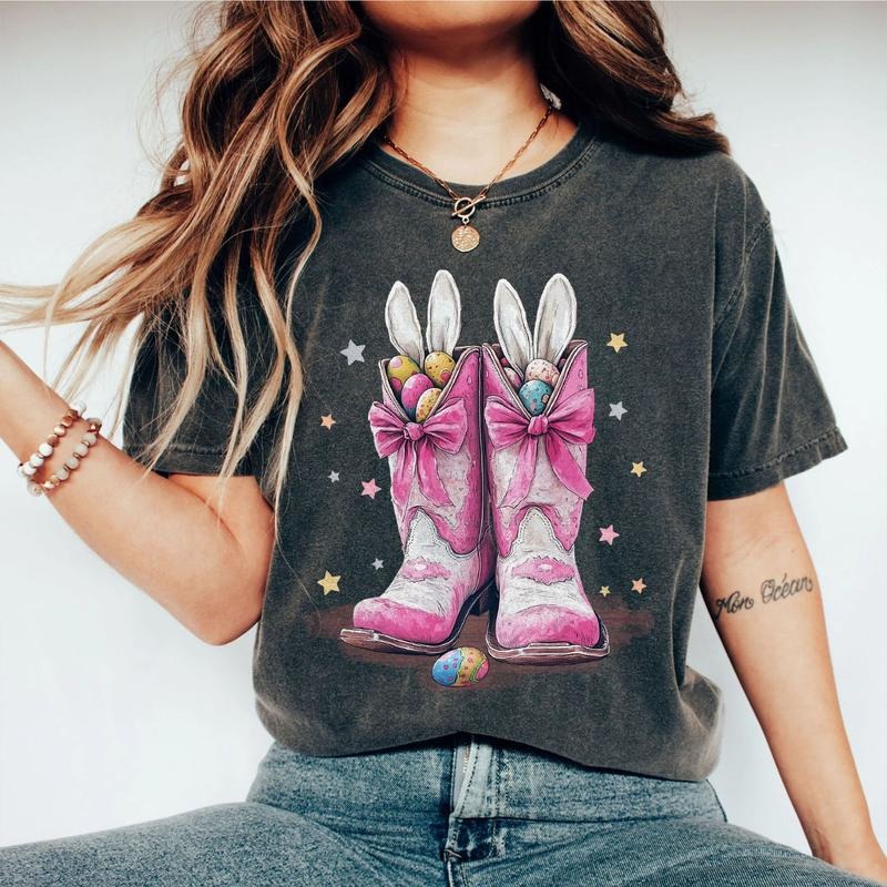 Western Easter Shirt Cowgirl Boots Bunny Ears Pink Bow Easter Country Spring T-Shirts, Hoodie, Sweatshirt - T-Shirt, Sweatshirt, Hoodie