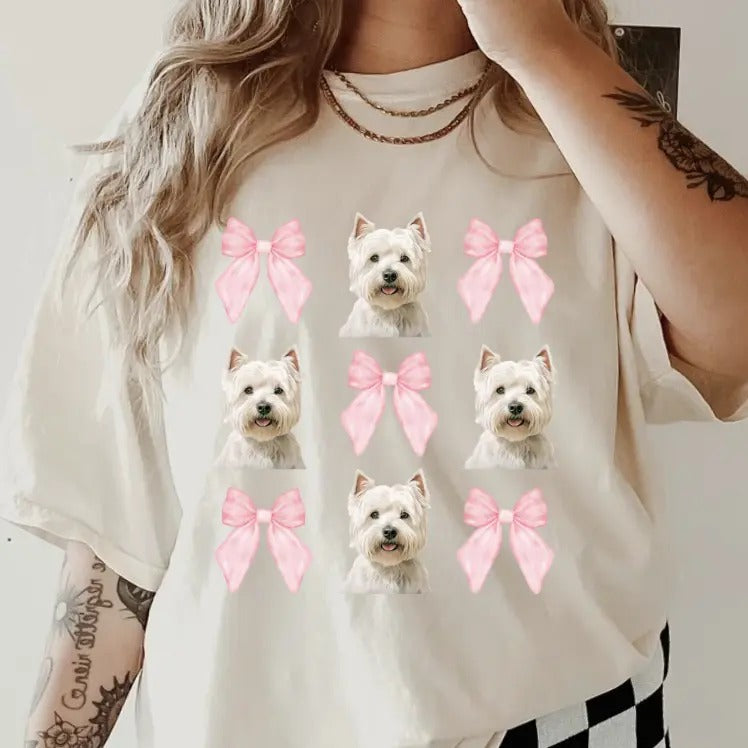 Westie Pink Bows Shirt~ Relaxed Fit Printed USA Womenswear Casual Comfort Cotton Top Athletic Boho Chic T-Shirts, Hoodie, Sweatshirt - T-Shirt, Sweatshirt, Hoodie