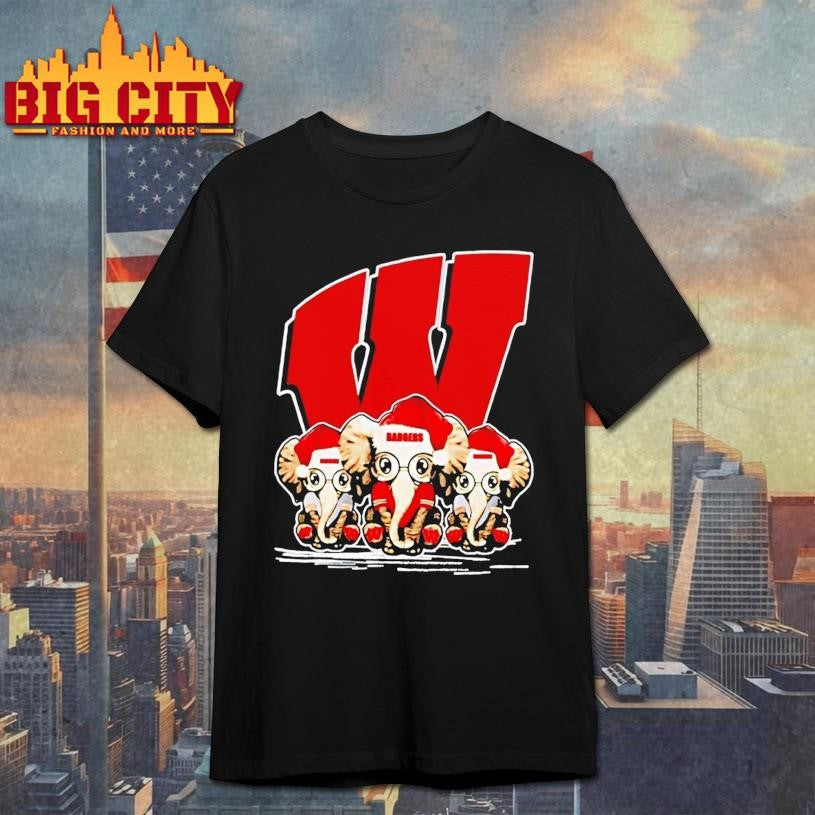Wisconsin Badgers X Elephants Santa Hat Merry Christmas Shirt Unisex T-shirt, Sweatshirt, Hoodie, Long Sleeve Tee - T-Shirt, Sweatshirt, Hoodie