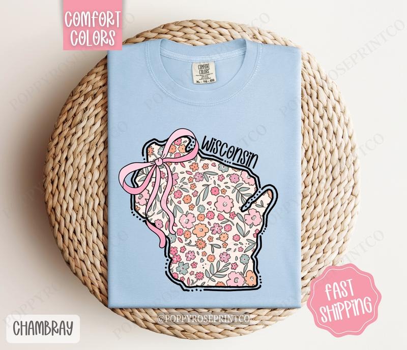 Wisconsin Floral Bow Comfort Colors Cute State Coquette Top T-Shirts, Hoodie, Sweatshirt - T-Shirt, Sweatshirt, Hoodie