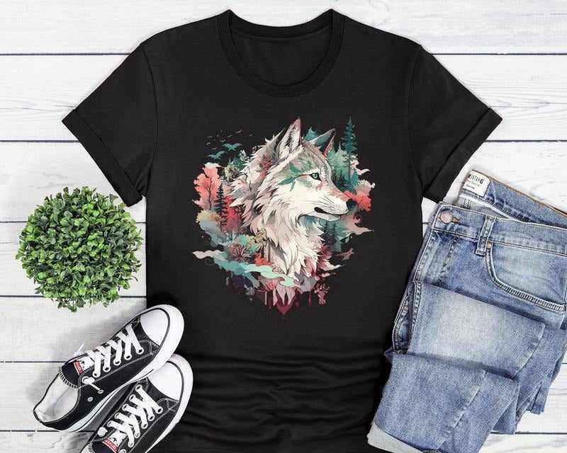 Wolf Wolf Head Nature Adventure Wilderness Forest Trees Watercolor Colorful T-Shirts, Hoodie, Sweatshirt - T-Shirt, Sweatshirt, Hoodie