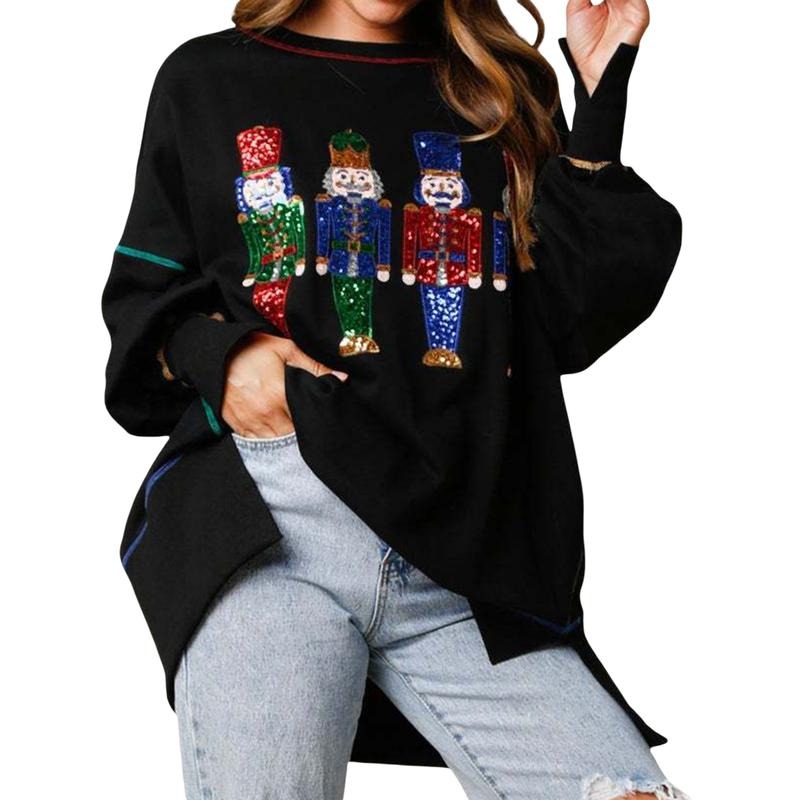 Sequins Long Sleeve Cartoon Crew NeckPullovers Fall Winter Casual Tops Shirts Party Streetwear T-Shirts, Hoodie, Sweatshirt - T-Shirt, Sweatshirt, Hoodie
