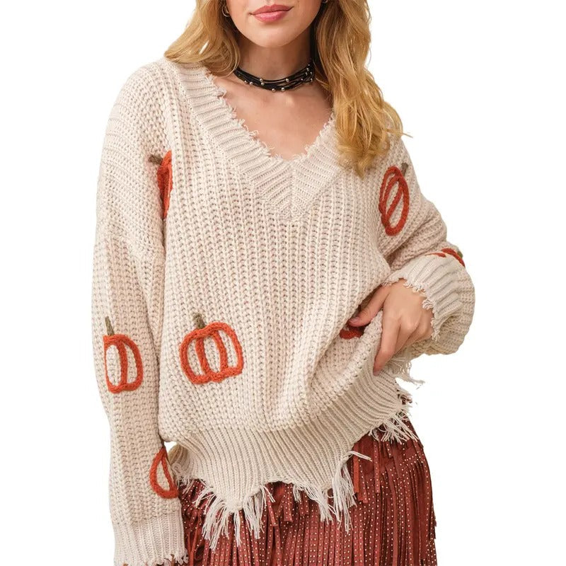 Halloween Long Sleeve V Neck Pumpkin Warm Fall Winter T-Shirts, Hoodie, Sweatshirt - T-Shirt, Sweatshirt, Hoodie