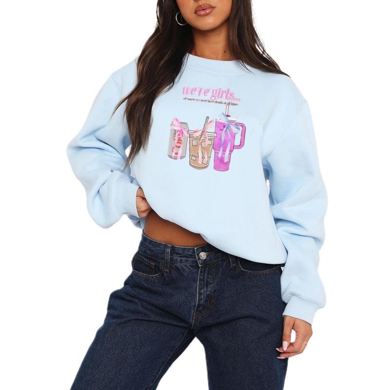 Loose Cute Water Cup Print Crew Neck Long Sleeve Casual Fall Workout Tops Autumn Streetwear T-Shirts, Hoodie, Sweatshirt - T-Shirt, Sweatshirt, Hoodie