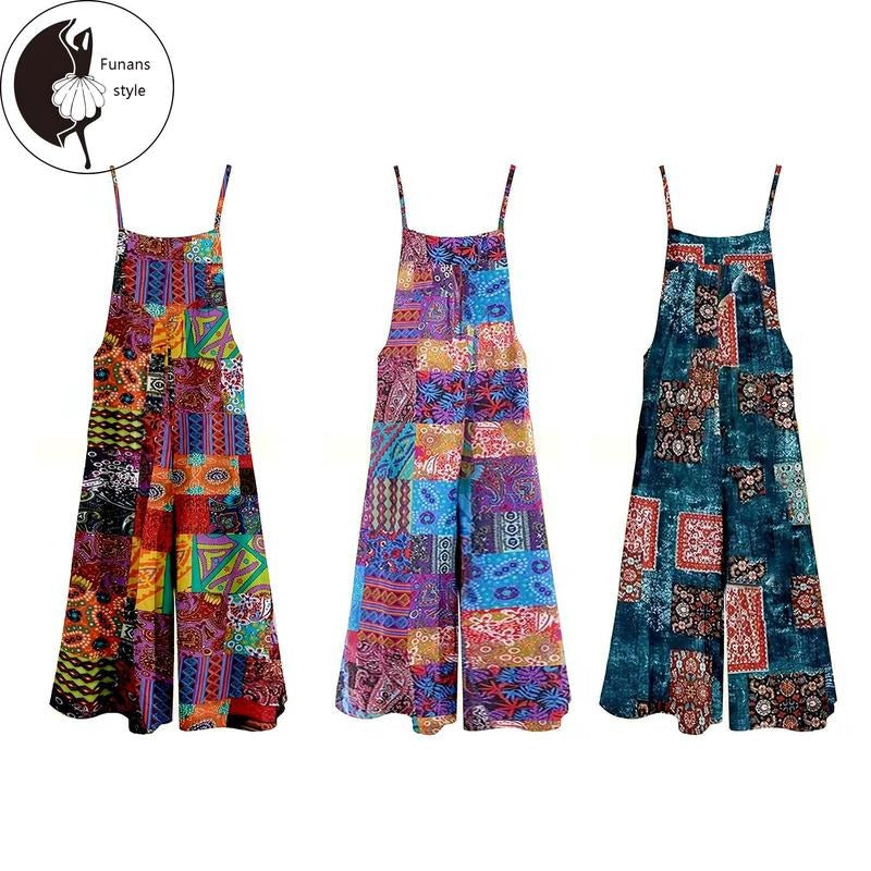 Spaghetti Strap Jumpsuits Retro Ethnic Print Sleeveless Summer Wide Leg Overalls T-Shirts, Hoodie, Sweatshirt - T-Shirt, Sweatshirt, Hoodie