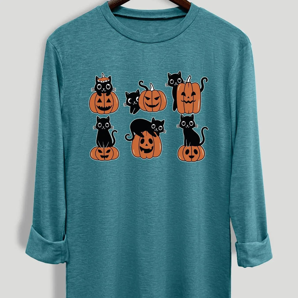 Cat & Pumpkin Print Round Neck Casual Long Sleeve Crew Neck Fall & Winter Clothes Daily T-Shirts, Hoodie, Sweatshirt - T-Shirt, Sweatshirt, Hoodie