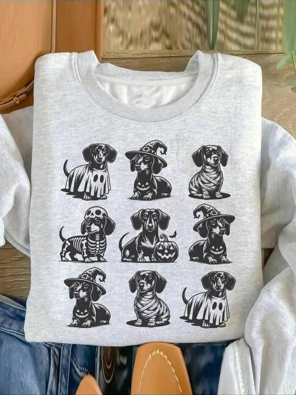 Dog Print Drop Shoulder Casual Long Sleeve Round Neck Daily Fall & Winter Clothes T-Shirts, Hoodie, Sweatshirt - T-Shirt, Sweatshirt, Hoodie