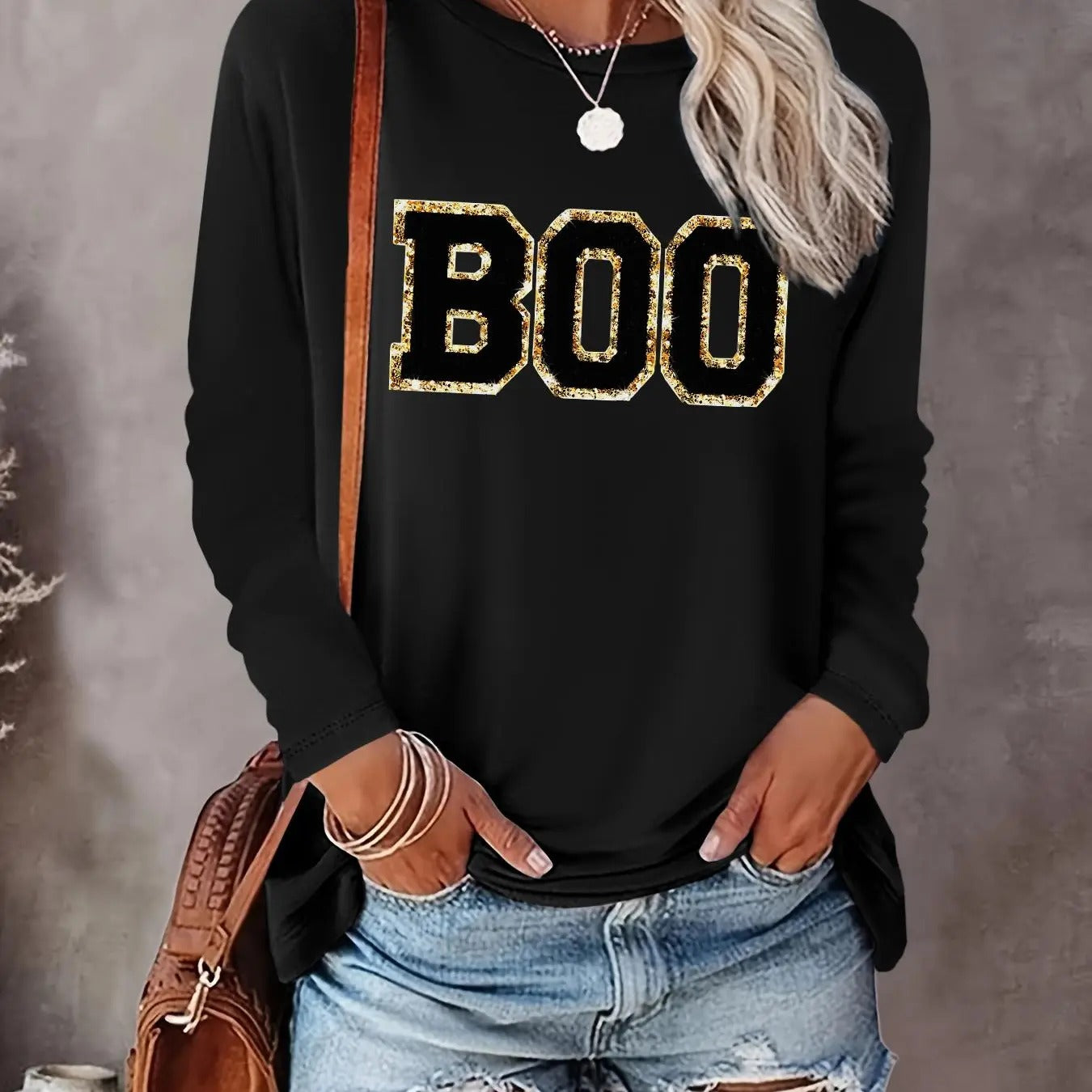 "BOO" Letter Print Round Neck Casual Long Sleeve Crew Neck Daily Clothes All Seasons T-Shirts, Hoodie, Sweatshirt - T-Shirt, Sweatshirt, Hoodie