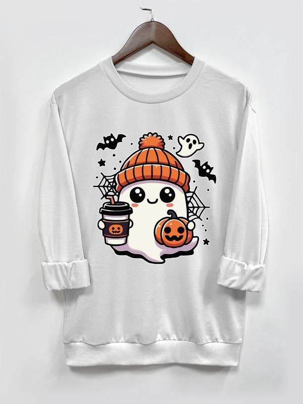 Ghost & Pumpkin Print Round Neck Casual Long Sleeve Daily Vacation Outdoor Tops Fall & Winter T-Shirts, Hoodie, Sweatshirt - T-Shirt, Sweatshirt, Hoodie
