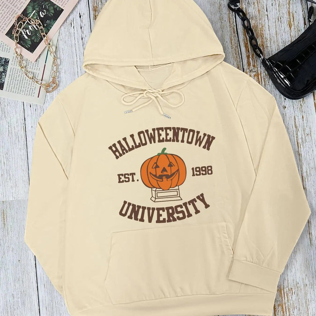 Letter & Pumpkin Print Drop Shoulder Halloween Casual Drawstring Pocket Hooded Daily Outdoor Fall & Winter T-Shirts, Hoodie, Sweatshirt - T-Shirt, Sweatshirt, Hoodie